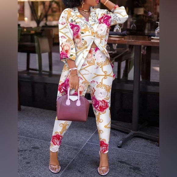 Passion of Essence Pants - Print Lantern Sleeve Top High Waist Pants Set